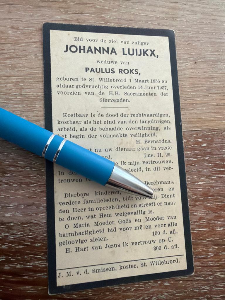 Luijkx Johanna 1855 St Willebrord 1937  x Roks - E00969 -, Ophalen of Verzenden, Bidprentje