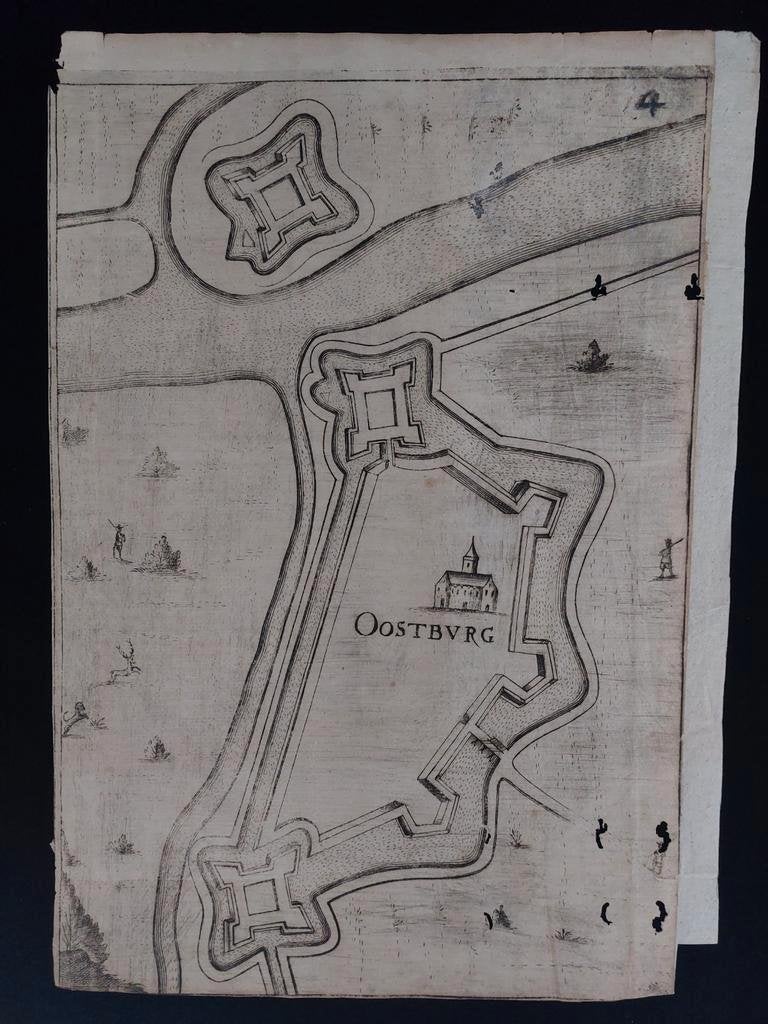 29 / De stad Oostburg gravure uit 17e eeuw, Ophalen of Verzenden
