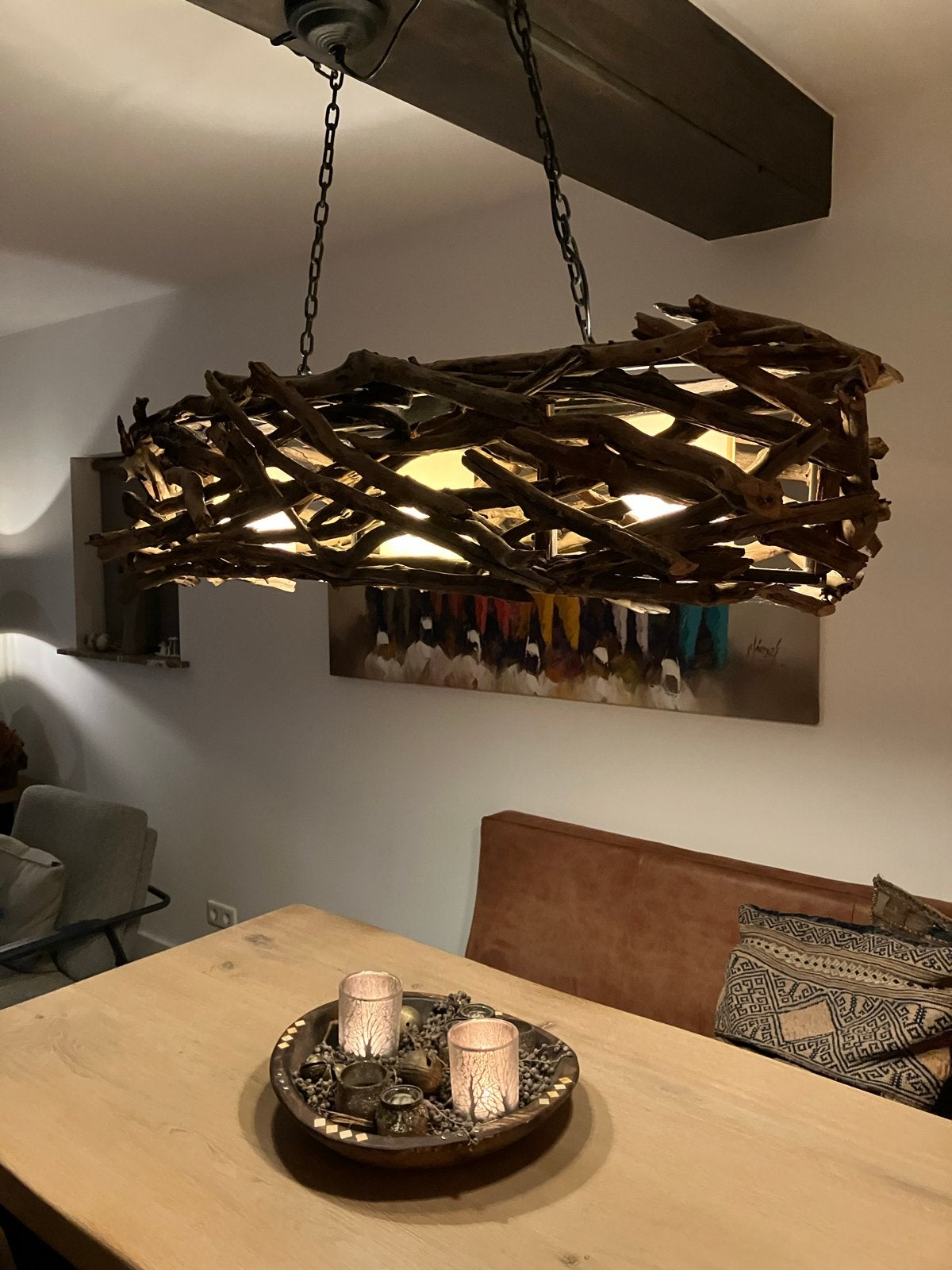 Unieke handgemaakte hanglamp van smeedijzer en drijfhout., Ophalen, E27 (groot), Hout, Landelijk