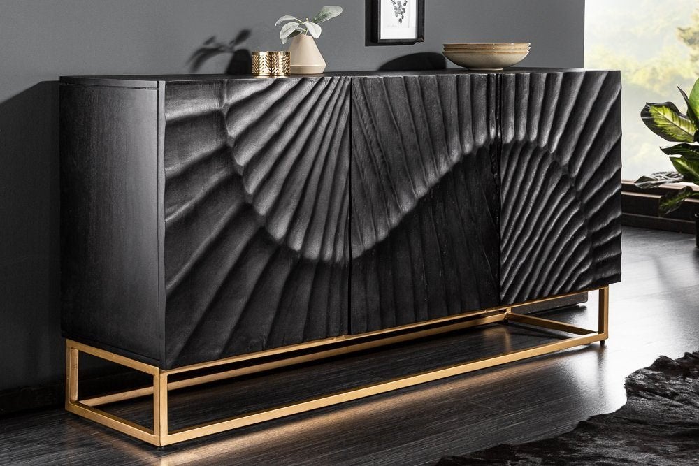 Dressoir Zwart Mangohout met goud onderstel 140 cm VOORRAAD, Overige houtsoorten, 100 tot 150 cm, Nieuw, Ophalen of Verzenden