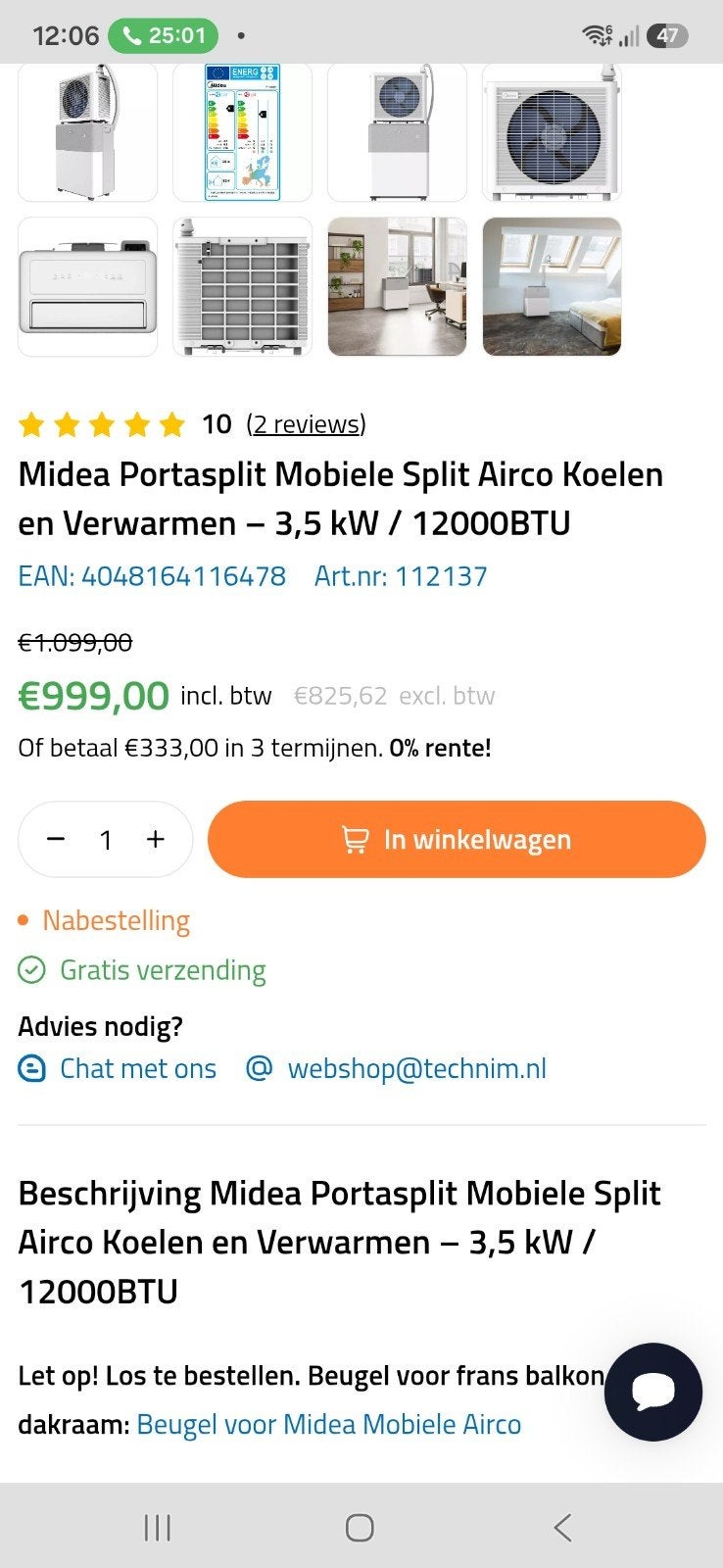 Midea Portasplit weer te koop, Witgoed en Apparatuur, Airco's, Koelen en Ontvochtigen, Energieklasse A of zuiniger, 3 snelheden of meer