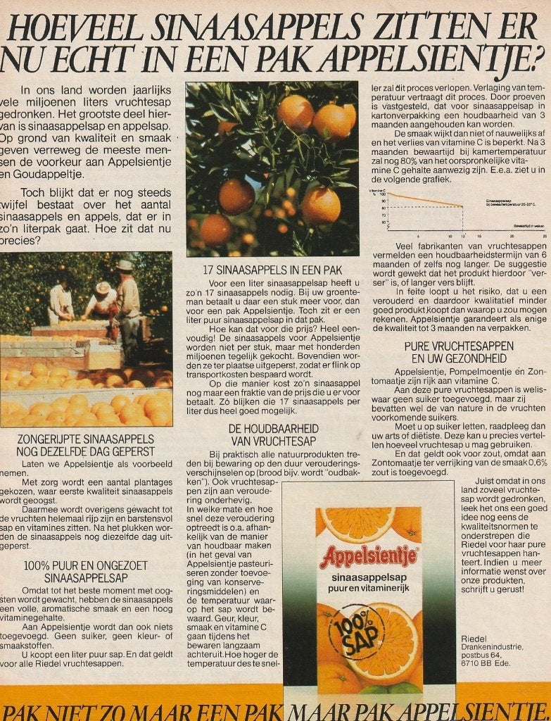 retro reclame 1986 Riedel Appelsientje frisdrank de uitslag, Verzenden, Overige typen
