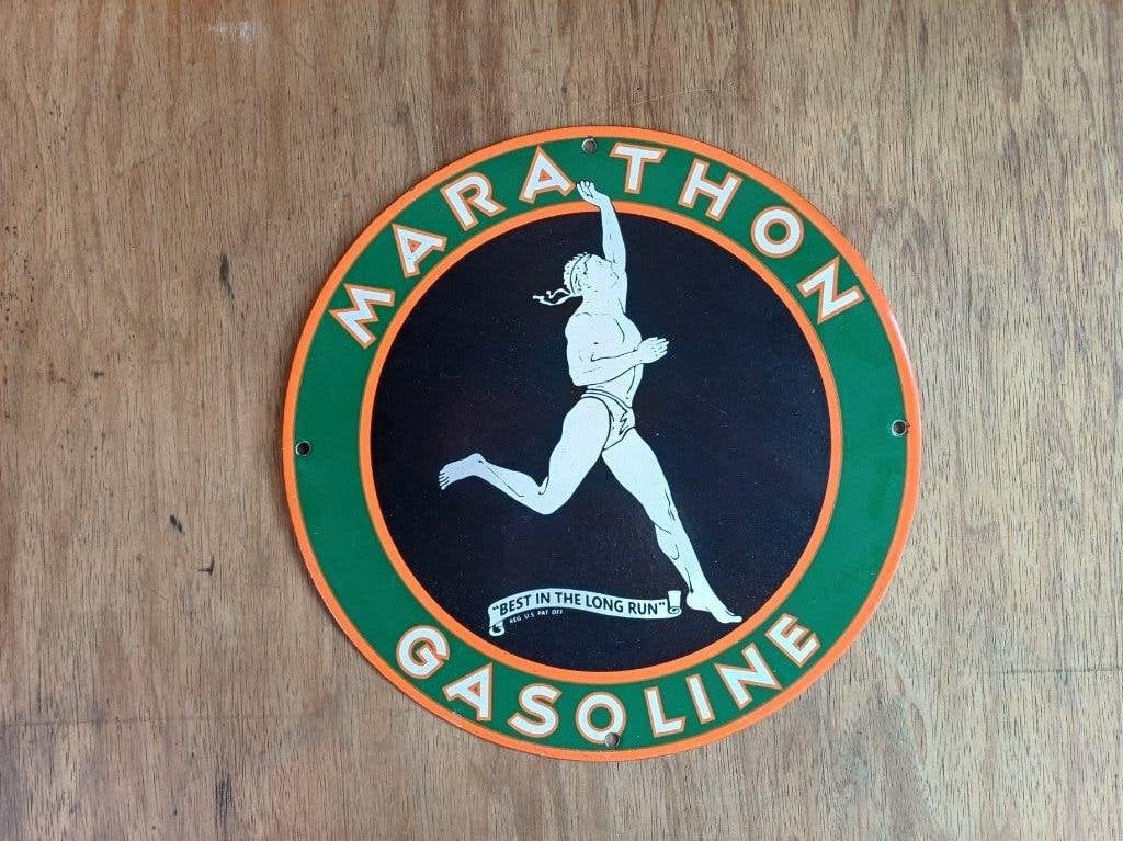 Emaille reclame MARATHON Gasoline reclamebord, Verzamelen, Merken en Reclamevoorwerpen, Ophalen of Verzenden, Gebruikt, Reclamebord