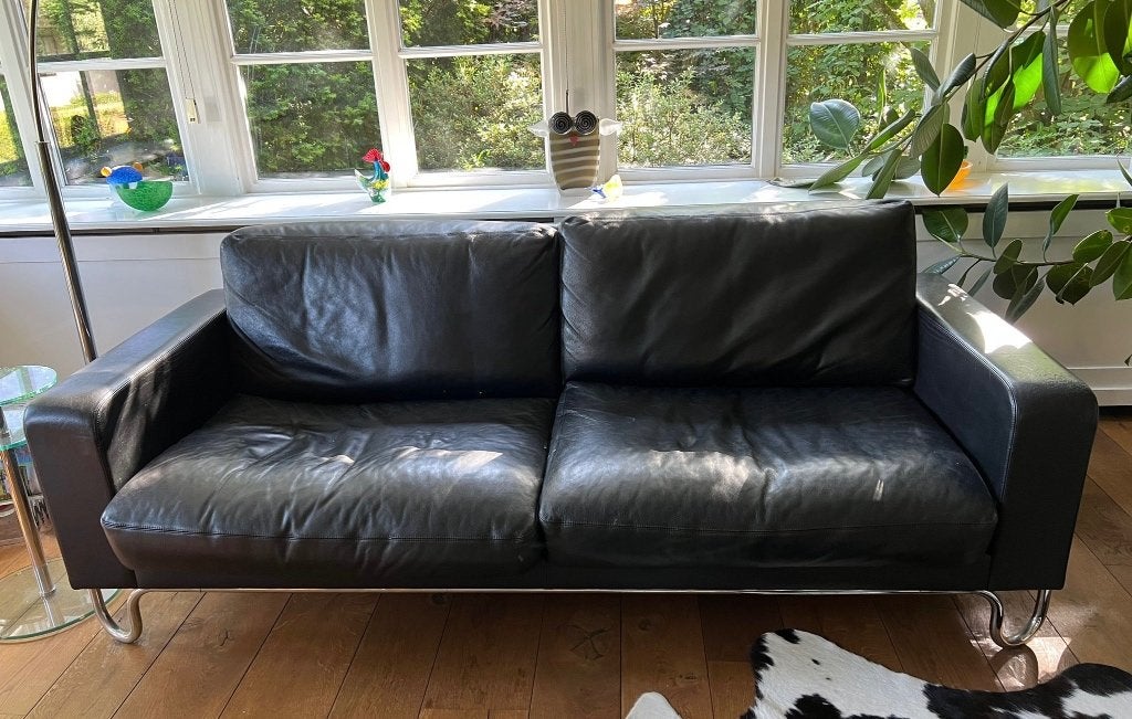 Originele Gispen design bank, zwart leer, 3-zits, 210 cm, Ophalen, Gebruikt, Driepersoons, Rechte bank