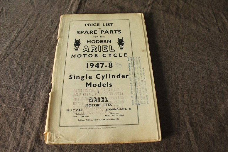 Ariel 1947 1950 single cilinder models  parts list 350-600cc, Motoren, Handleidingen en Instructieboekjes, Ophalen of Verzenden