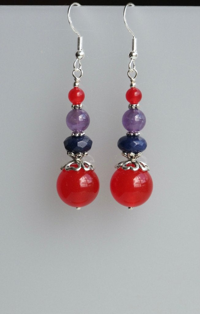 Prachtige oorbellen met rode en blauwe Jade en Amethist, Hangers, Verzenden, Nieuw, Met edelsteen