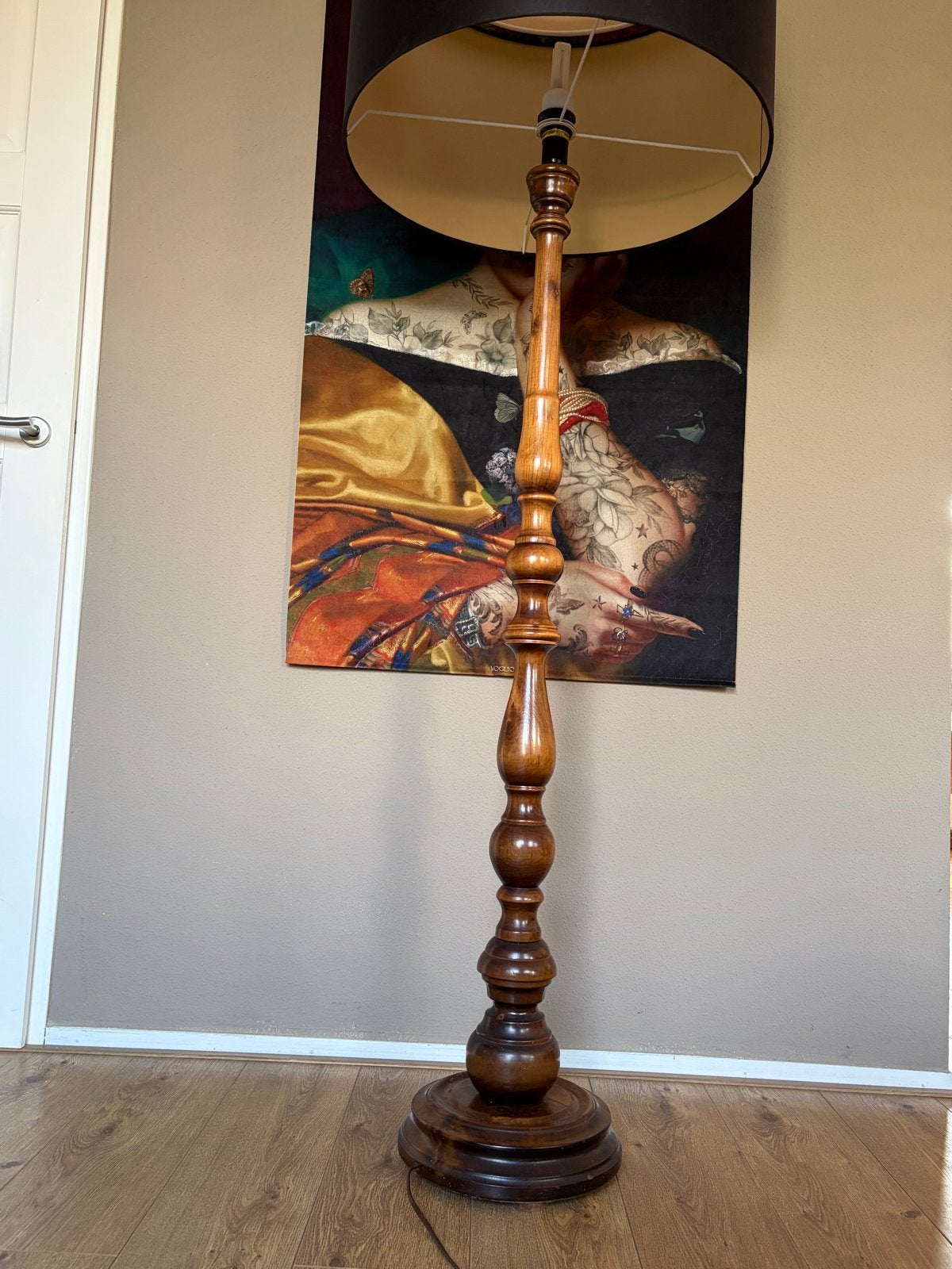 Vintage Houten Gedraaide Vloerlamp met Rope Voet, Ophalen of Verzenden