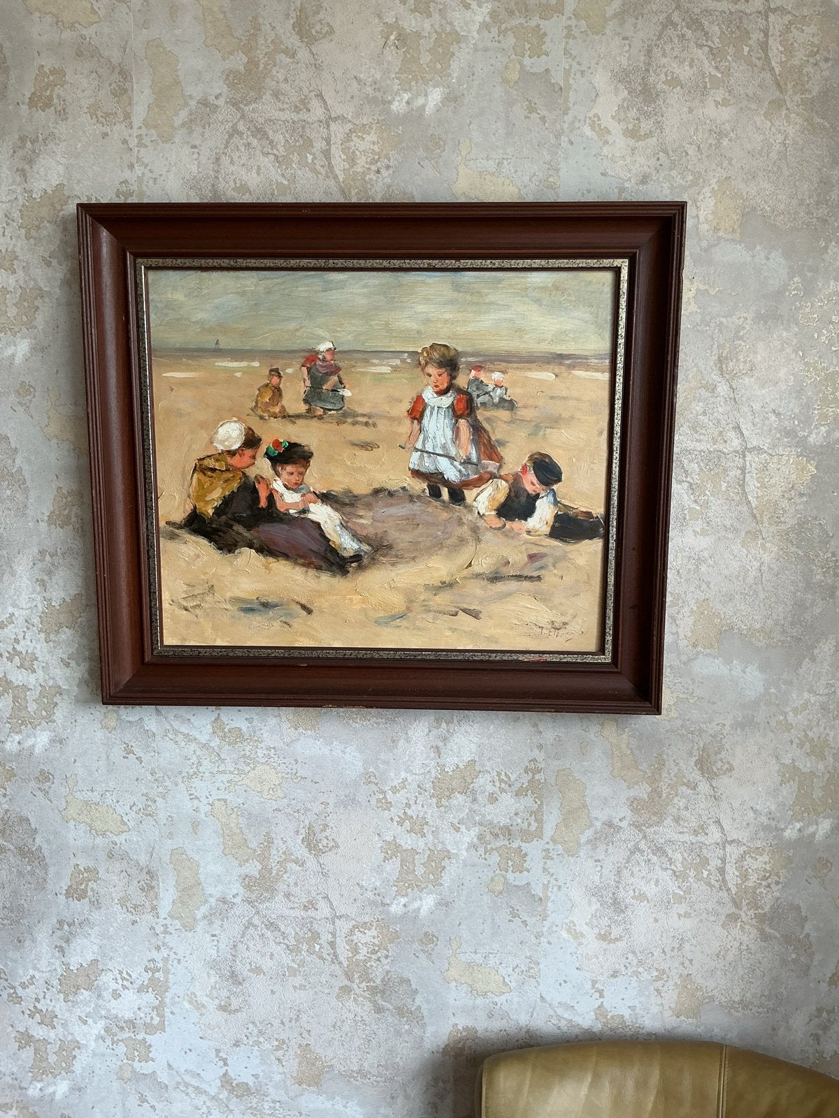 J. v Elburg - Kinderen op strand, olieverf op paneel, Ophalen, Paneel, Portret of Personen, Olieverf