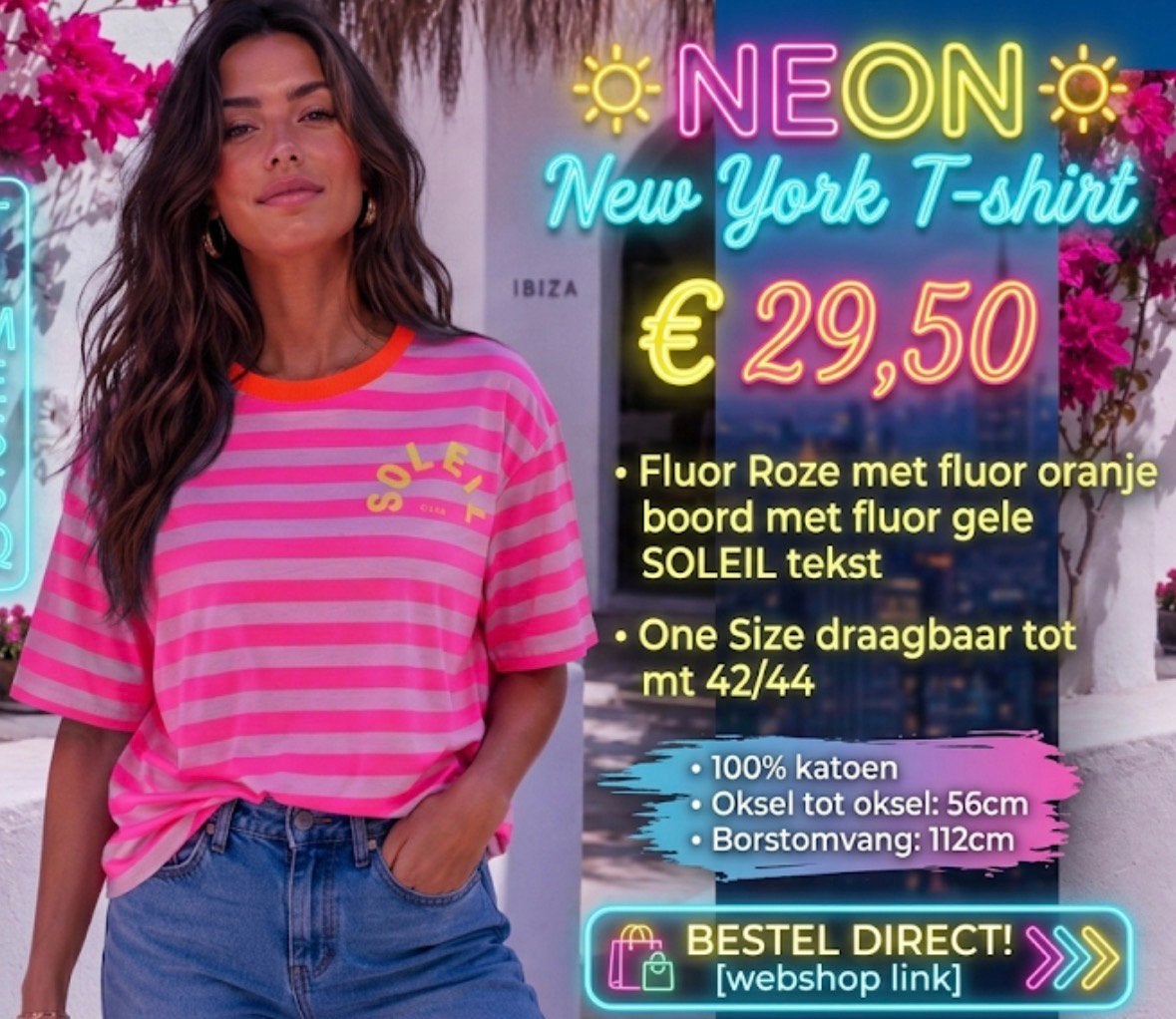 T-shirt Soleil Club Neon Roze gestreept, Overige kleuren, Maat 42/44 (L), Nieuw, Ophalen of Verzenden