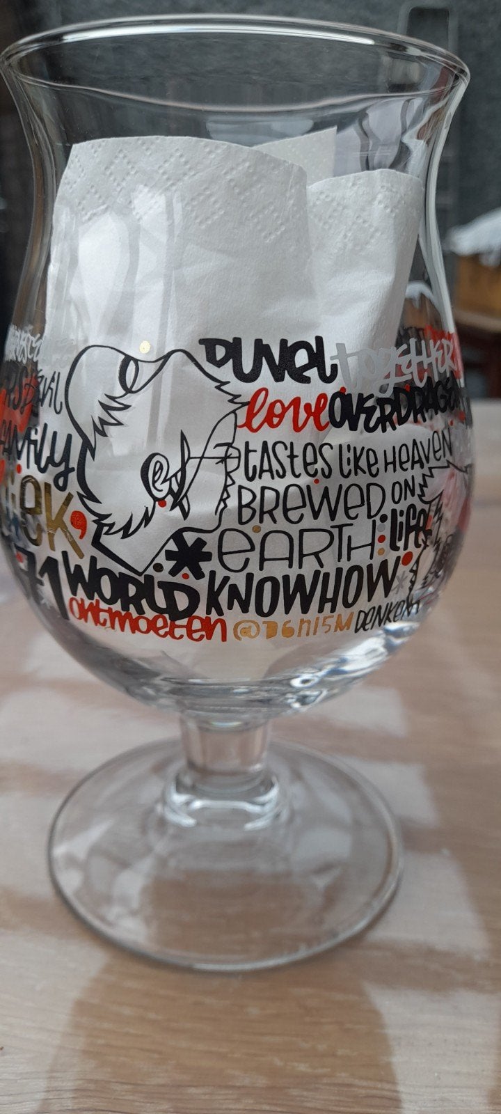 Duvel bierglas Denis Meyers, Ophalen of Verzenden, Gebruikt, Glas of Glazen, Duvel