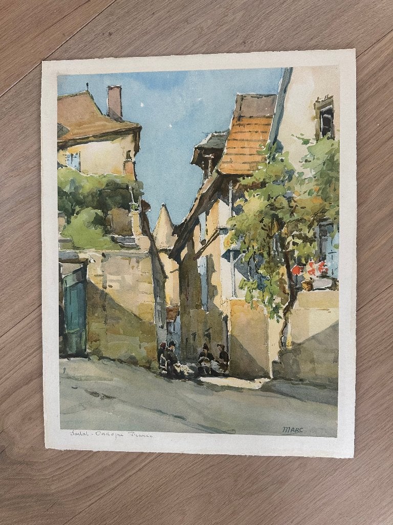 Aquarel Frankrijk Dordogne, Ophalen of Verzenden, Gesigneerd, Aquarel, Papier