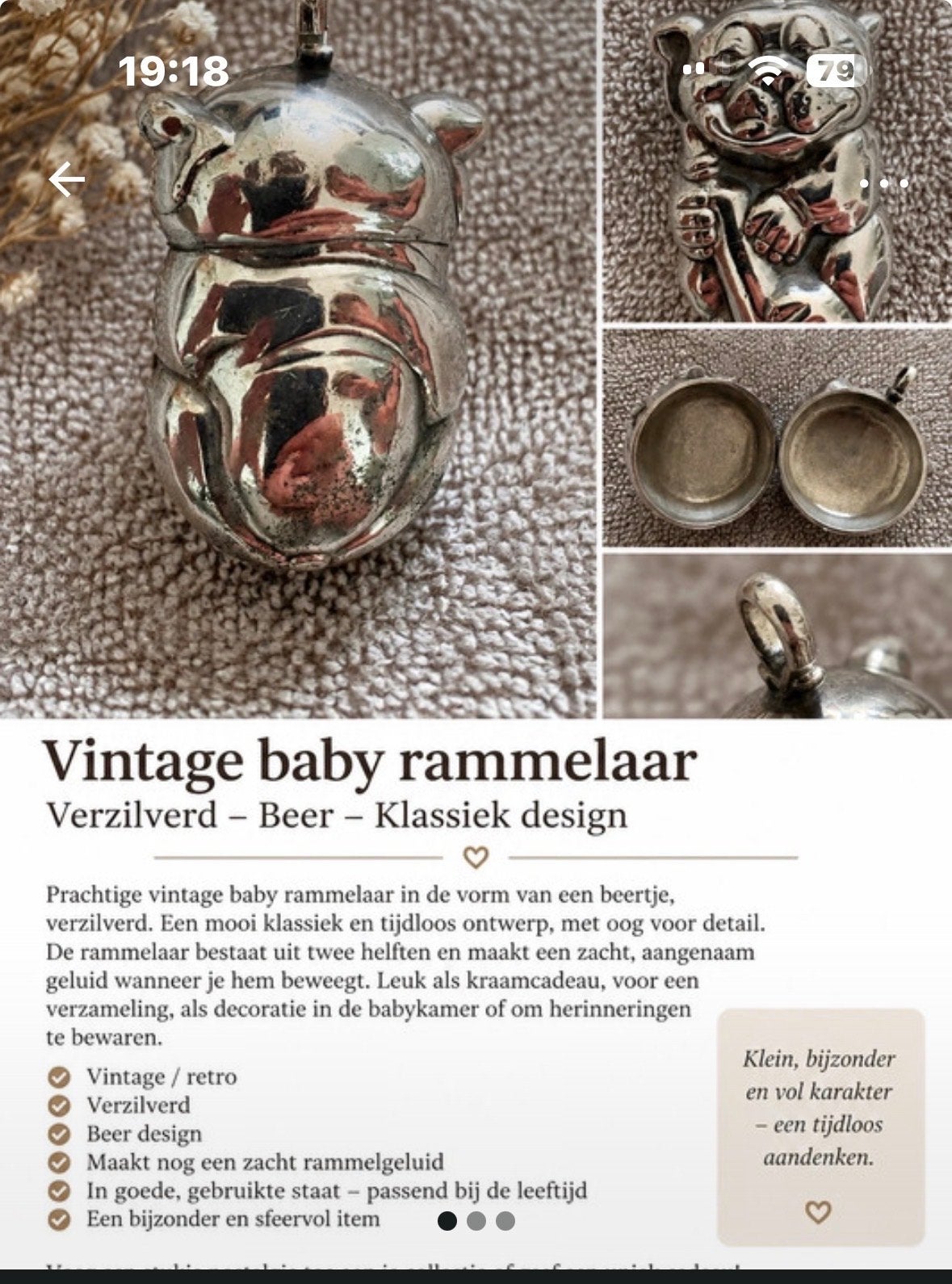 Vintage verzilverde baby rammelaar - Beertje, Ophalen of Verzenden, Gebruikt, Rammelaar, Met geluid