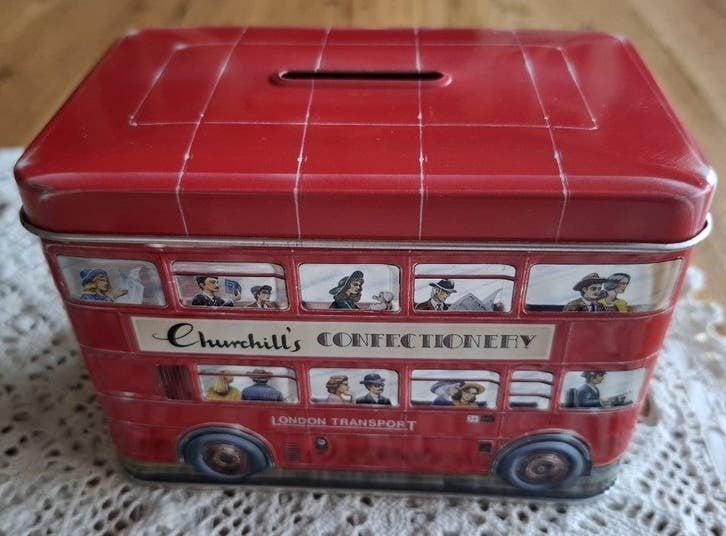 Engelse Churchill's spaarpot blikje, rode dubbeldekker bus, Gebruikt, -, -, Vervoermiddel