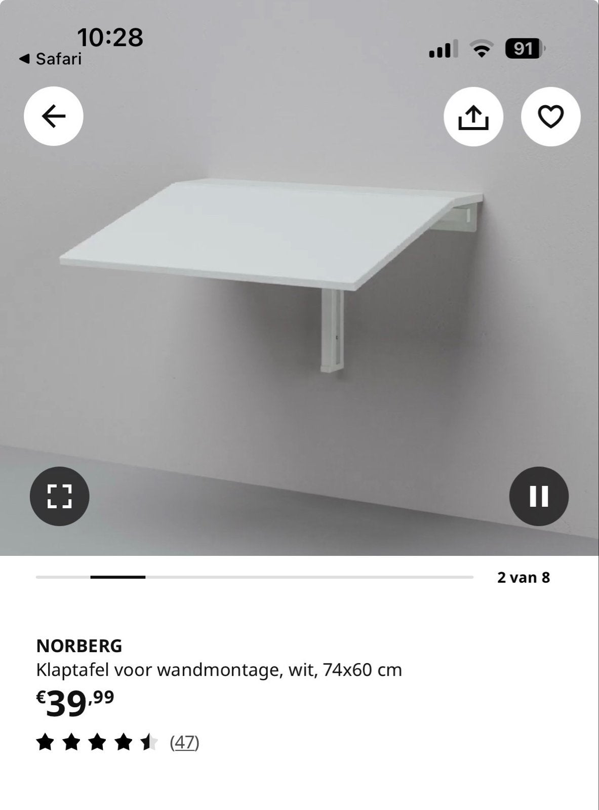 Ikea Norberg klaptafel wandmontage, wit, 74x60 cm, Huis en Inrichting, Tafels | Eettafels, Ophalen, Overige materialen, Gebruikt