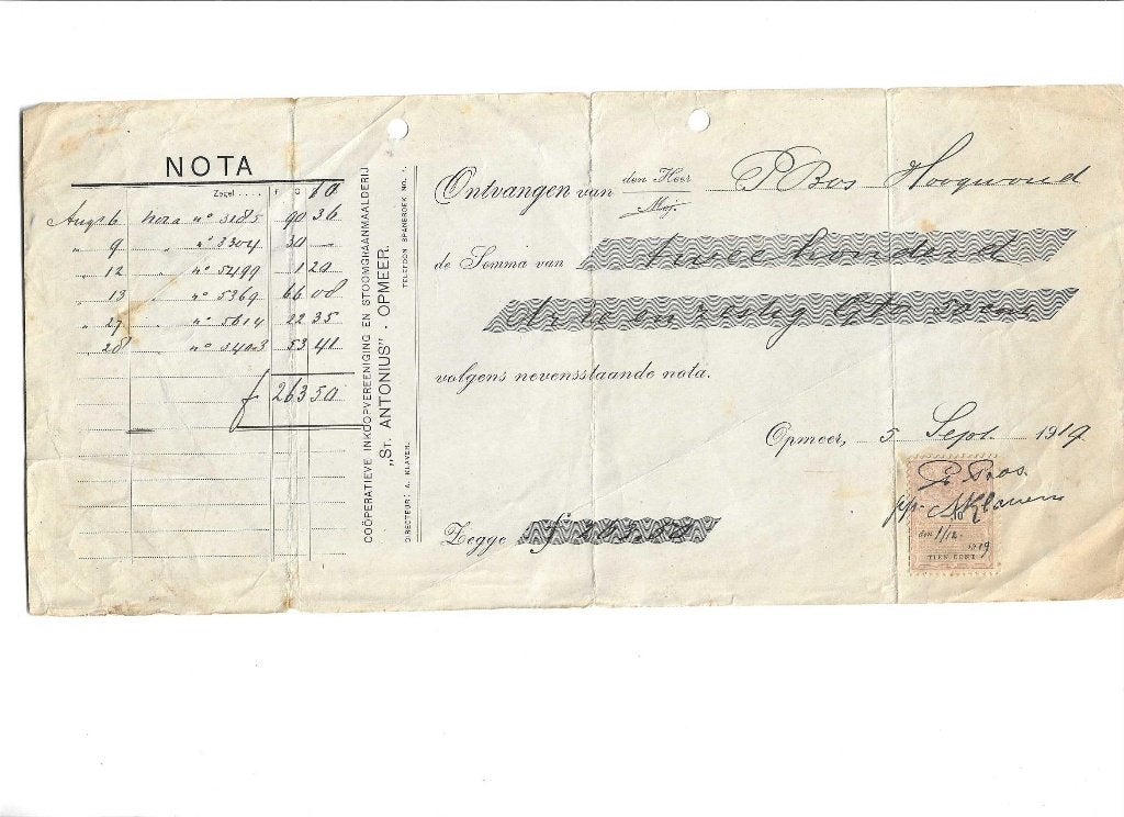 opmeer  hoogwoud  1919  2 kwitanties van st.anthonius, Verzamelen, Verzenden, Gebruikt