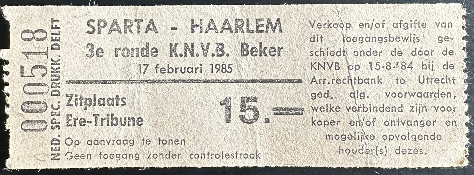Ticket 84-85 Sparta - Haarlem (beker), Ophalen of Verzenden, Gebruikt, Overige binnenlandse clubs, Overige typen