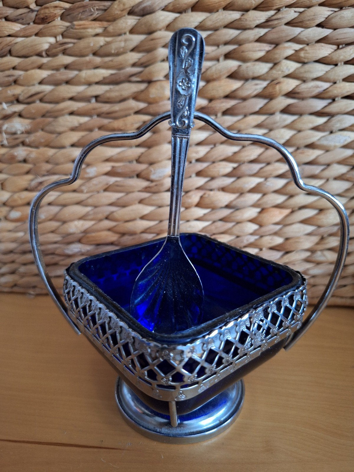 Antieke zilveren suikerpot met blauw glazen inzet, Antiek en Kunst, Ophalen of Verzenden