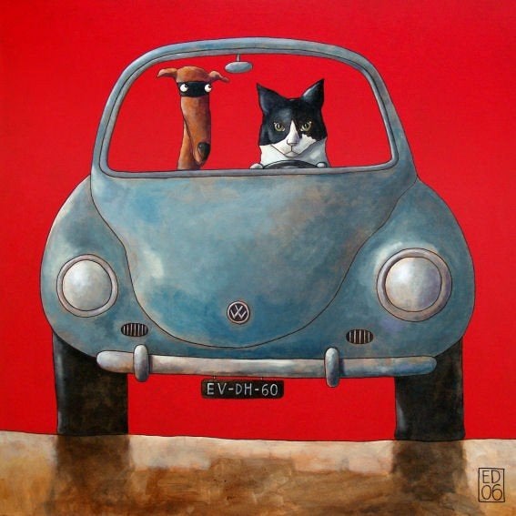 kunstwerk - kat en hond in volkswagen, Ophalen, Nieuw, Wanddecoratie