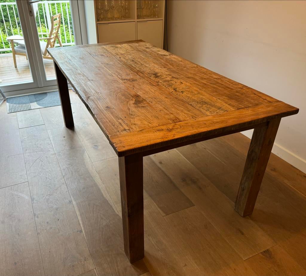 Rustieke massieve eiken eettafel, 200x100cm, 6-8 personen, Ophalen, 200 cm of meer, 50 tot 100 cm, Zo goed als nieuw