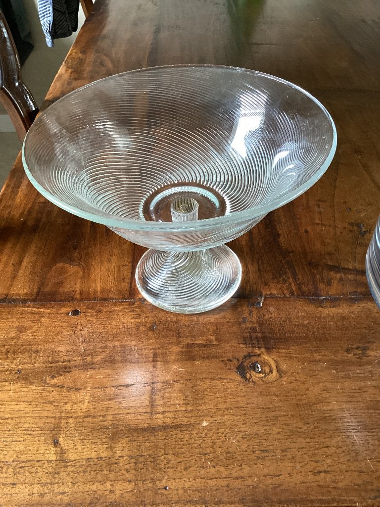 Glazen fruitschaal op voet, Ophalen, Schaal, Rond, Geribbeld