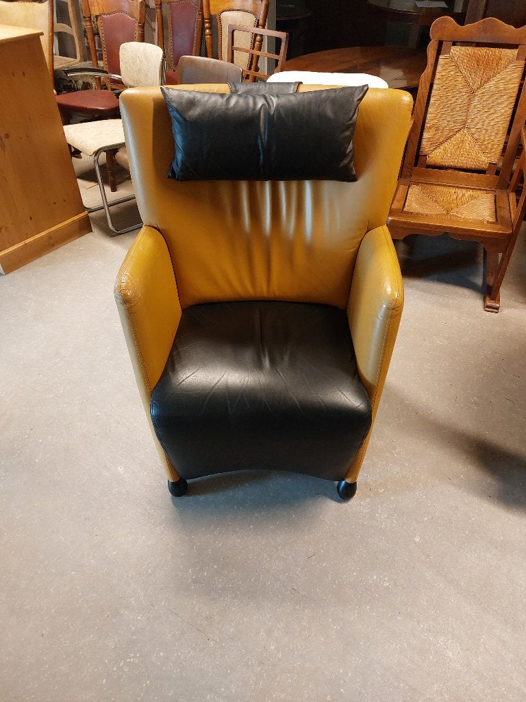 geel/zwarte ( nac) leren design fauteuil ( 500972), Huis en Inrichting, Ophalen, Zo goed als nieuw, 75 tot 100 cm, 50 tot 75 cm
