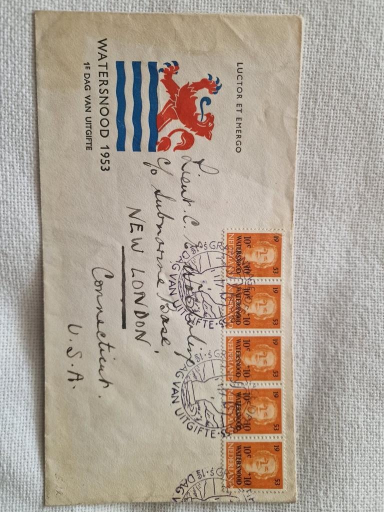 FDC Watersnoodramp 1953 - Kinderzegels - USA Adres, Ophalen of Verzenden, Beschreven, Nederland