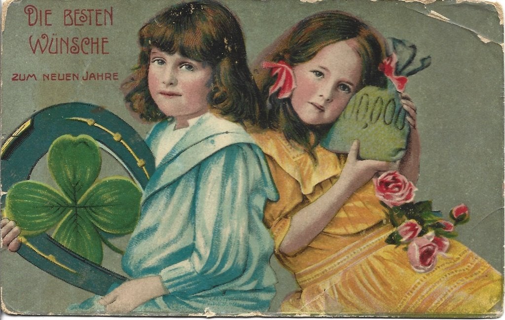 Antiek*Kerst*Nieuwjaar*2 meisjes*Hoefijzer*Brocante*oud, Ophalen of Verzenden, Voor 1920, Gelopen, Feest(dag)