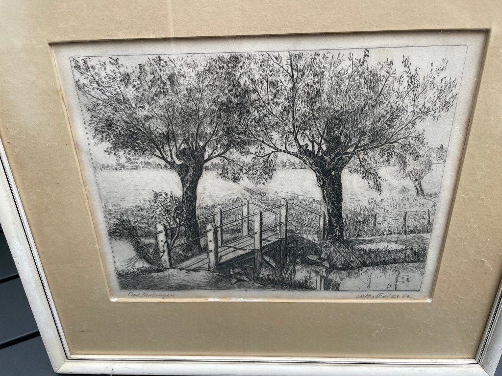 Ets 'Oud Kralingen", Antiek en Kunst, Kunst | Etsen en Gravures, Ophalen, Ingelijst, Ets, Landschap