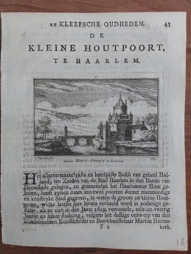 57 / Kleine Houtpoort te Haarlem Gravure 18e eeuw, Ophalen of Verzenden