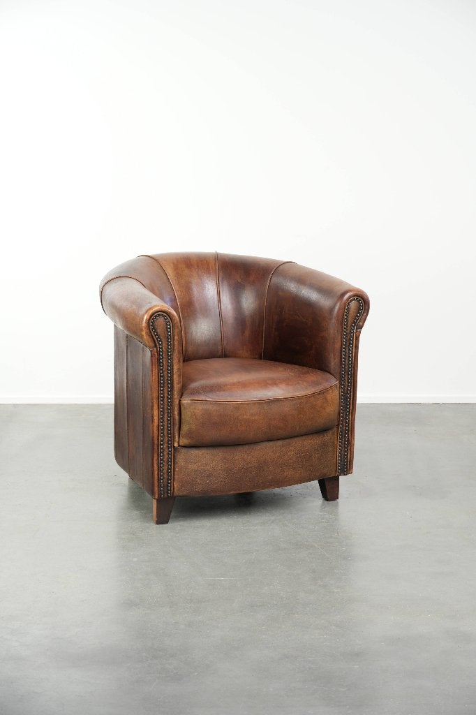 Stoere en karaktervolle schapenleren clubfauteuil, Ophalen, Gebruikt, /, Leer