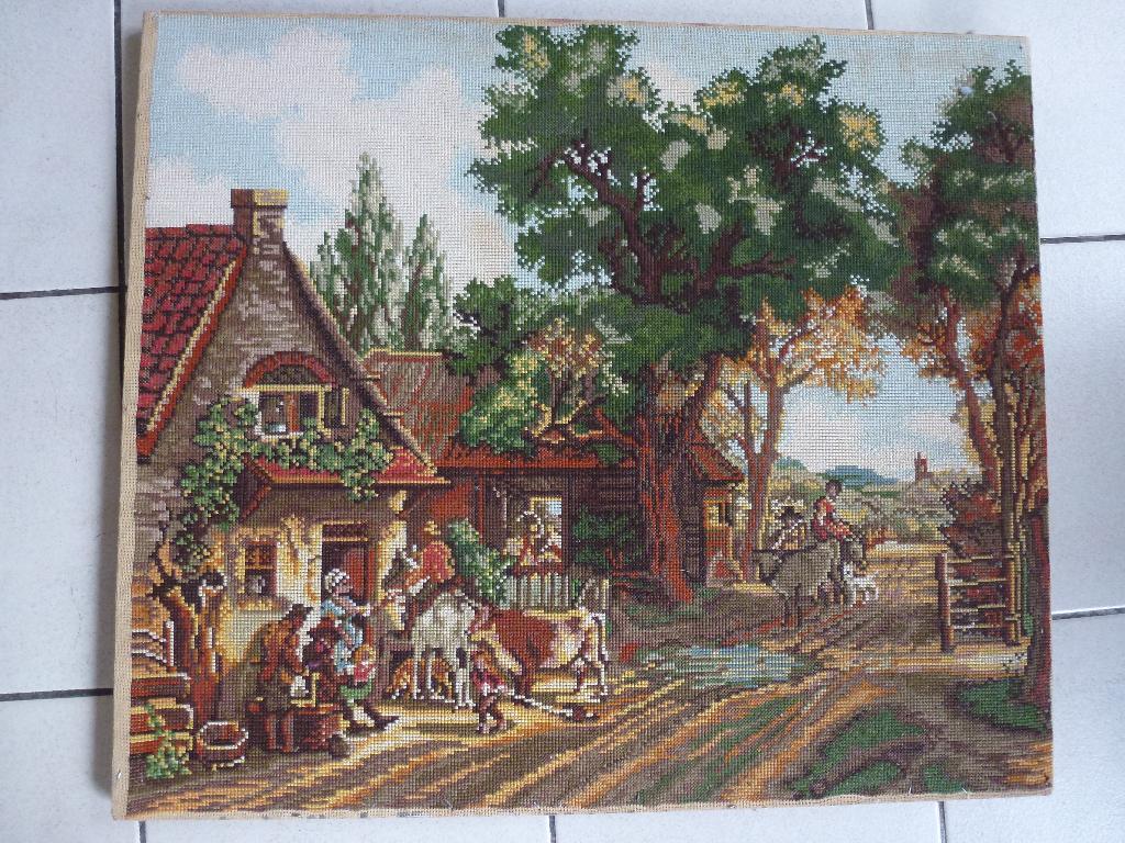 Mooi geborduurde boerderij met dieren(70 x 60 cm), 50 tot 75 cm, Ophalen of Verzenden, Zo goed als nieuw, Schilderij