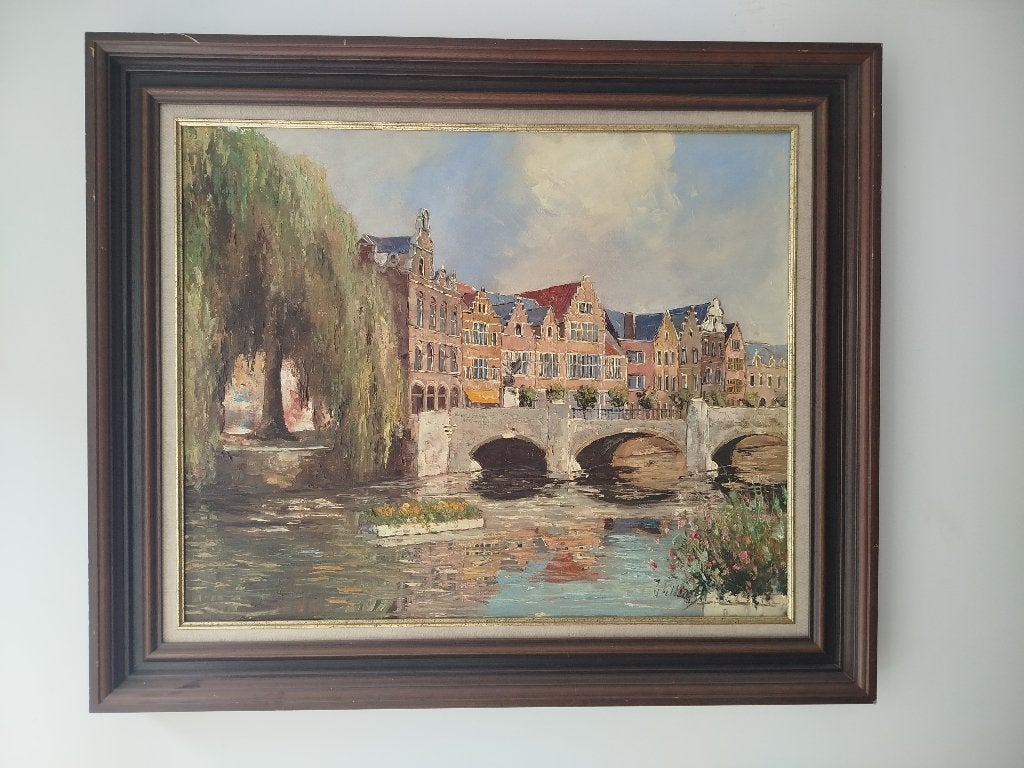 Groot Olieverfschilderij 'Sfeervol Stadsgezicht' Willems, Antiek en Kunst, Kunst | Schilderijen | Klassiek, Ophalen, Acrylverf