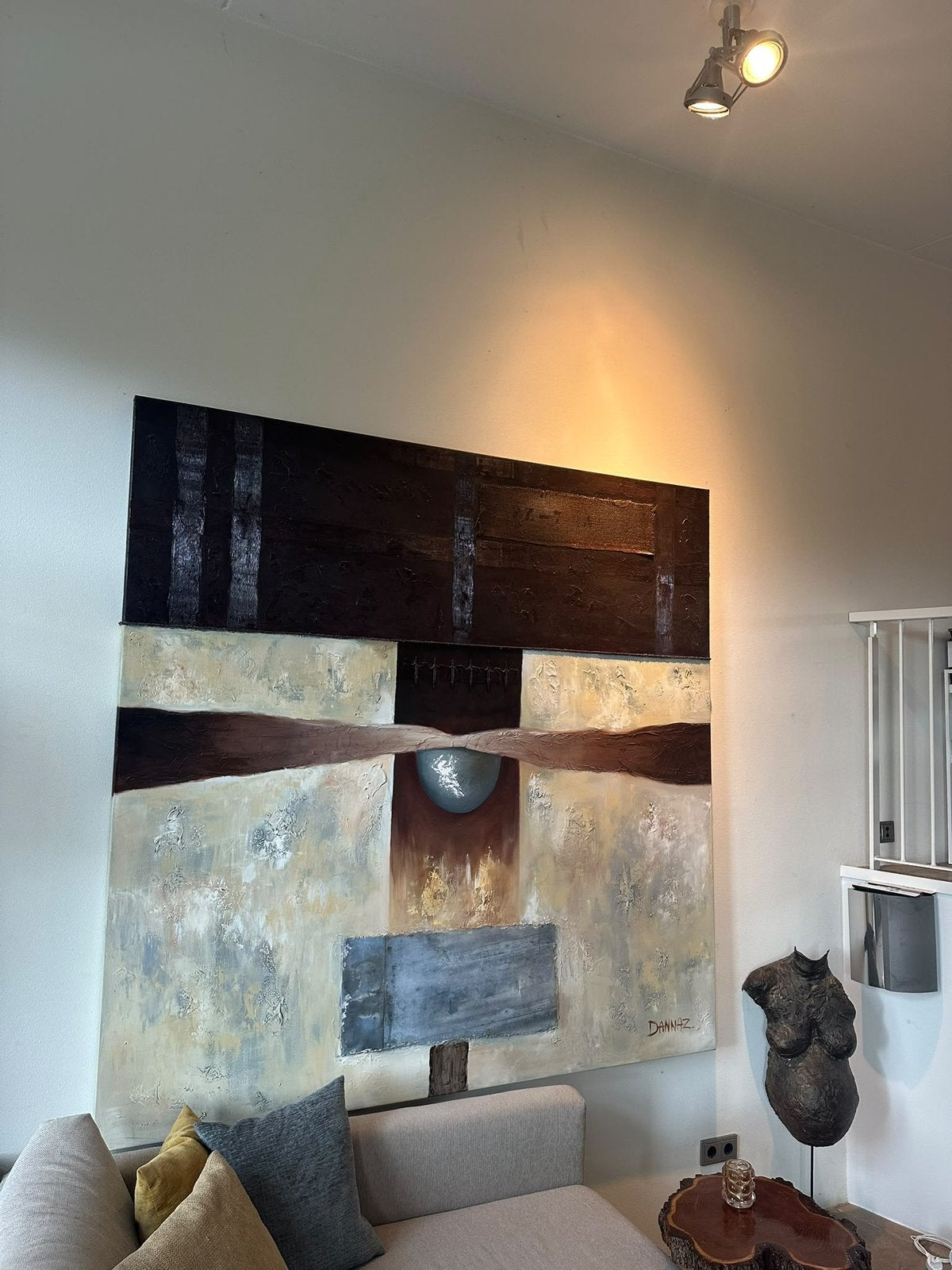 Olieverf schilderij van Dannaz., Abstract, Olieverf, Textiel, Gesigneerd