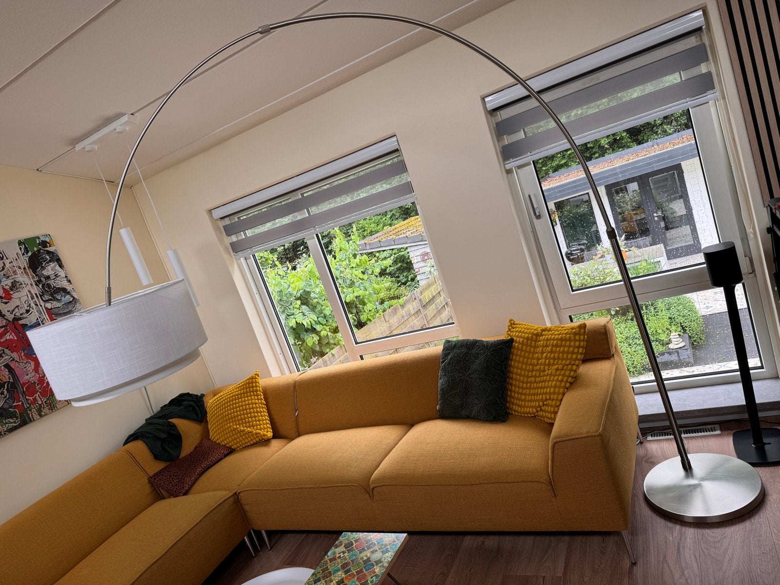 Moderne Steinhauer Booglamp Sparkled Light met linnen kap, Ophalen, 200 cm of meer, Zo goed als nieuw, Metaal