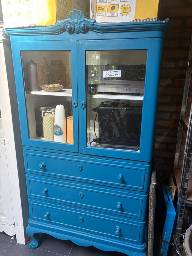 Blauwe vitrinekast met lades - Goede staat, Ophalen, Gebruikt