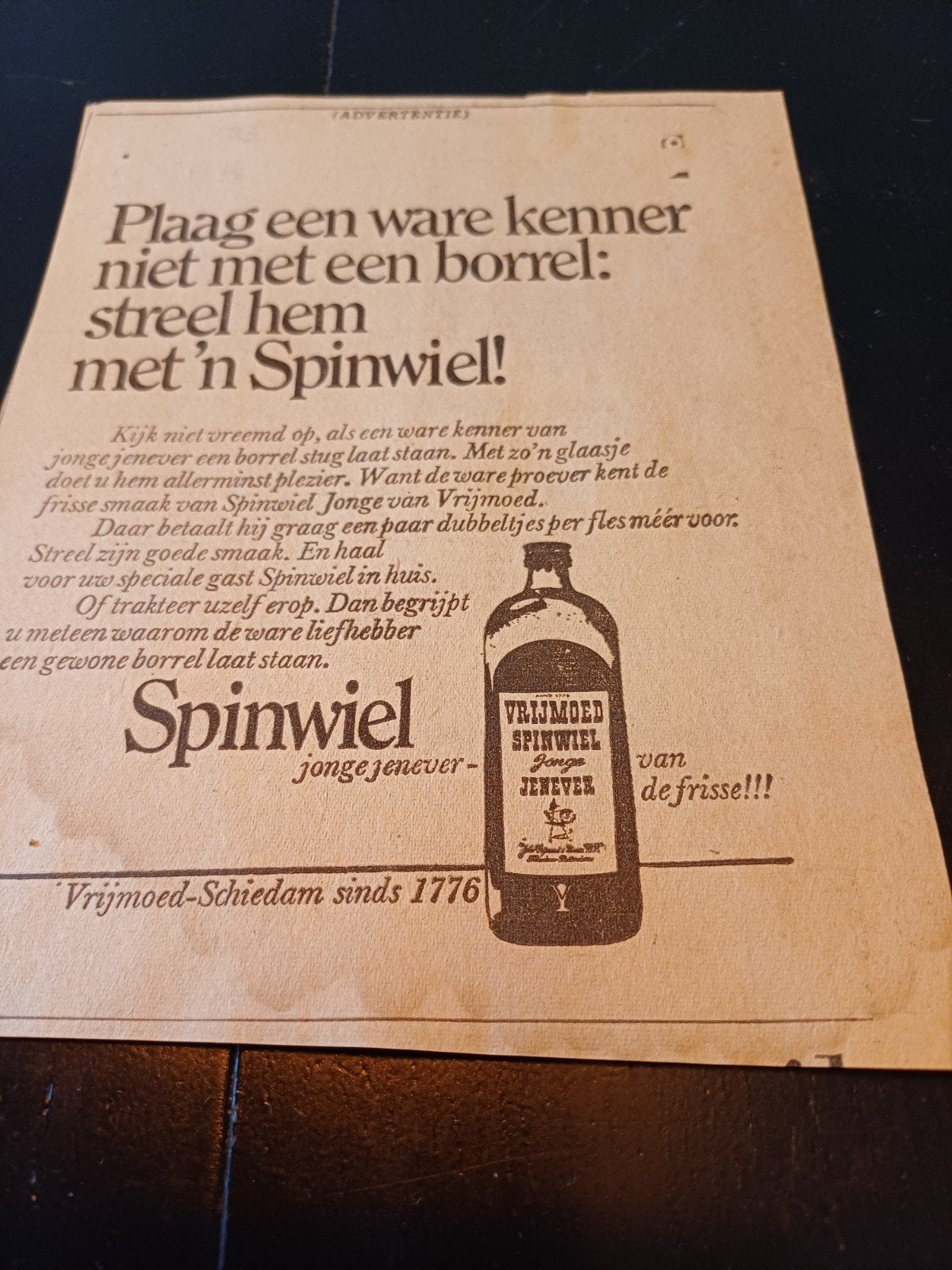 kranten advertentie Spinwiel jenever Vrijmoed Schiedam 1968, Ophalen of Verzenden, Zo goed als nieuw, Overige typen