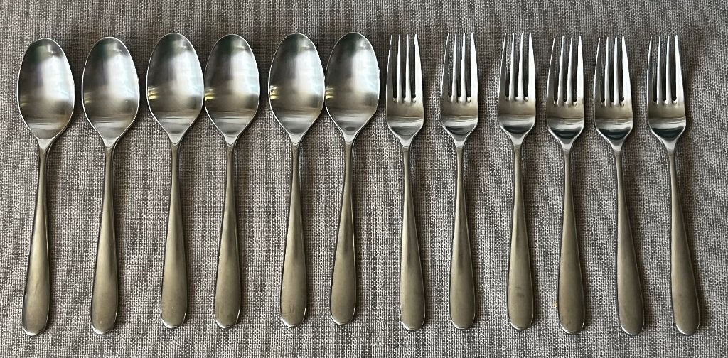 Sola Nordica Mat - 6 Diner lepels en 6 Diner vorken, Gebruikt, Sola, Ophalen of Verzenden, Rvs of Chroom