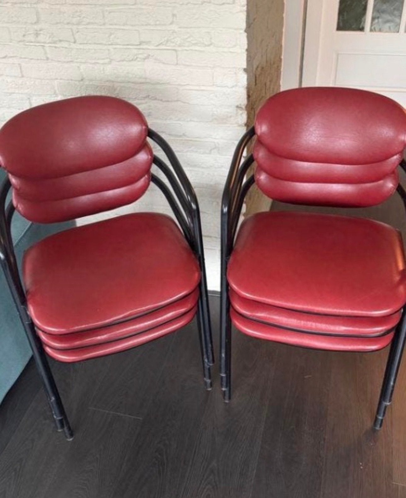 6 rode eettafel stoelen, Gebruikt, Ophalen of Verzenden, Metaal, Vijf, Zes of meer stoelen