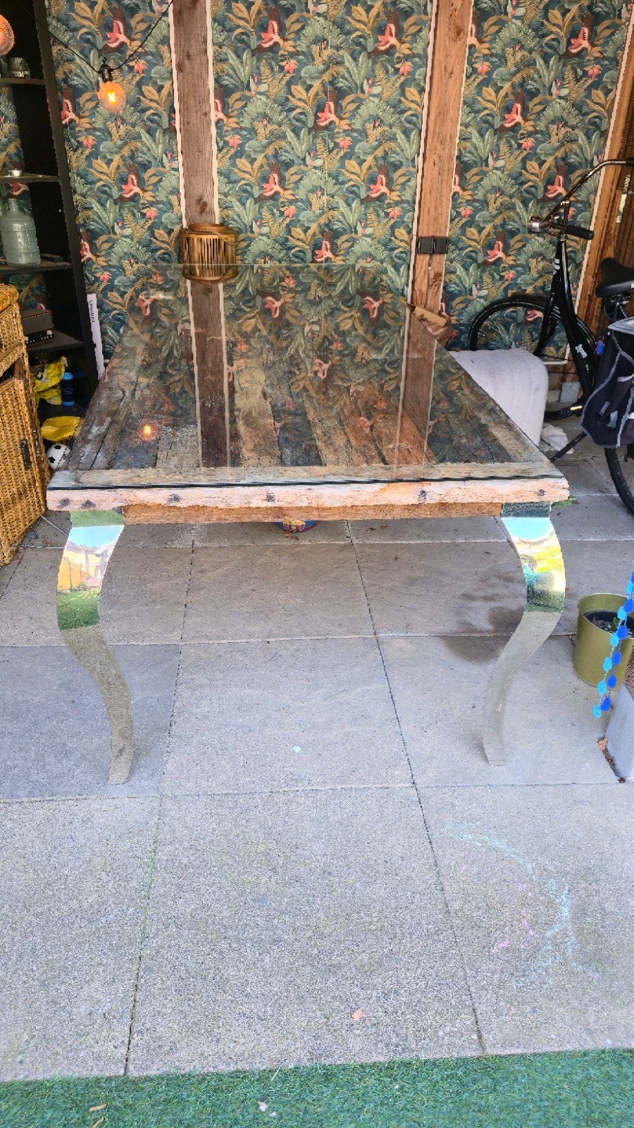 Grote eettafel voor 6 personen met glasplaat, Ophalen, Gebruikt, 100 tot 150 cm, 200 cm of meer
