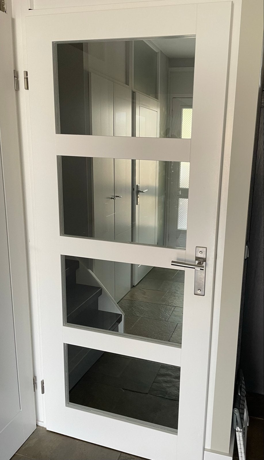 Links opdekdeur met veiligheidsglas en RVS kruk, Ophalen, Gebruikt, 80 tot 100 cm, Binnendeur