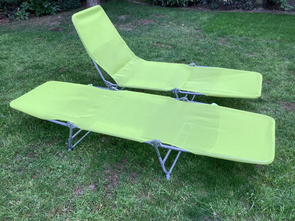 2x inklapbaar ligbed strandbed stretcher lime kleur, Ophalen, Zo goed als nieuw, Aluminium, Inklapbaar