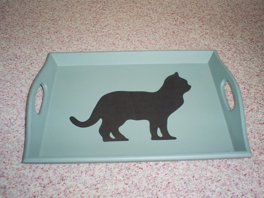 Dienblad met zwarte poes, Ophalen of Verzenden, Gebruikt, Rechthoekig, Hout