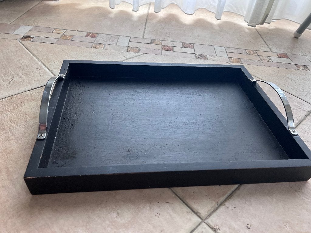 dienblad 45,5 x 33  donker bruin hout met rvs handvatten, Ophalen of Verzenden, Zo goed als nieuw, Dienblad, Met handvatten