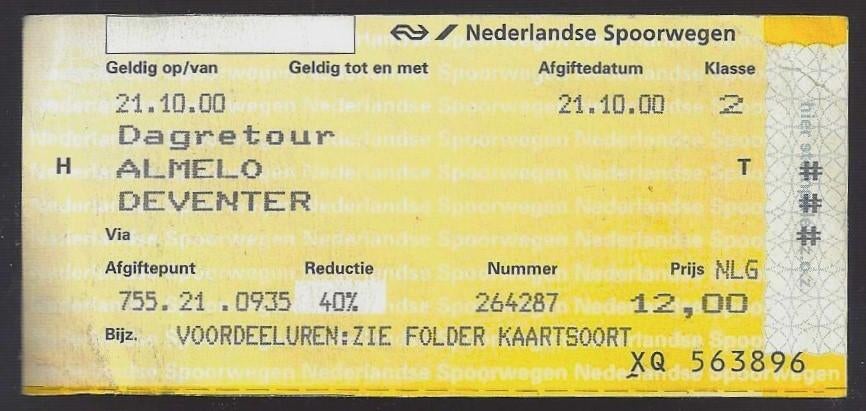Dagretour Almelo - Deventer - 21-10-2000, Ophalen of Verzenden, Zo goed als nieuw, Trein, Kaart of Prent