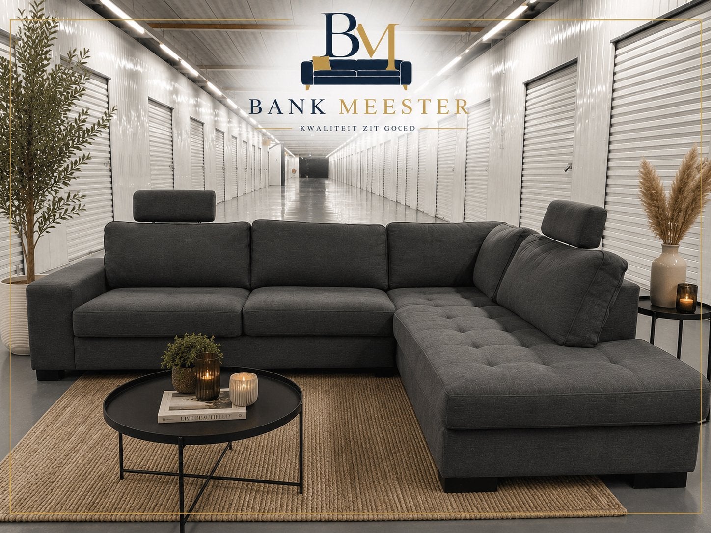 Luxe grijze hoekbank met hoofdsteunen – Bijna nieuwstaat, Huis en Inrichting, Banken | Complete zithoeken, Ophalen of Verzenden
