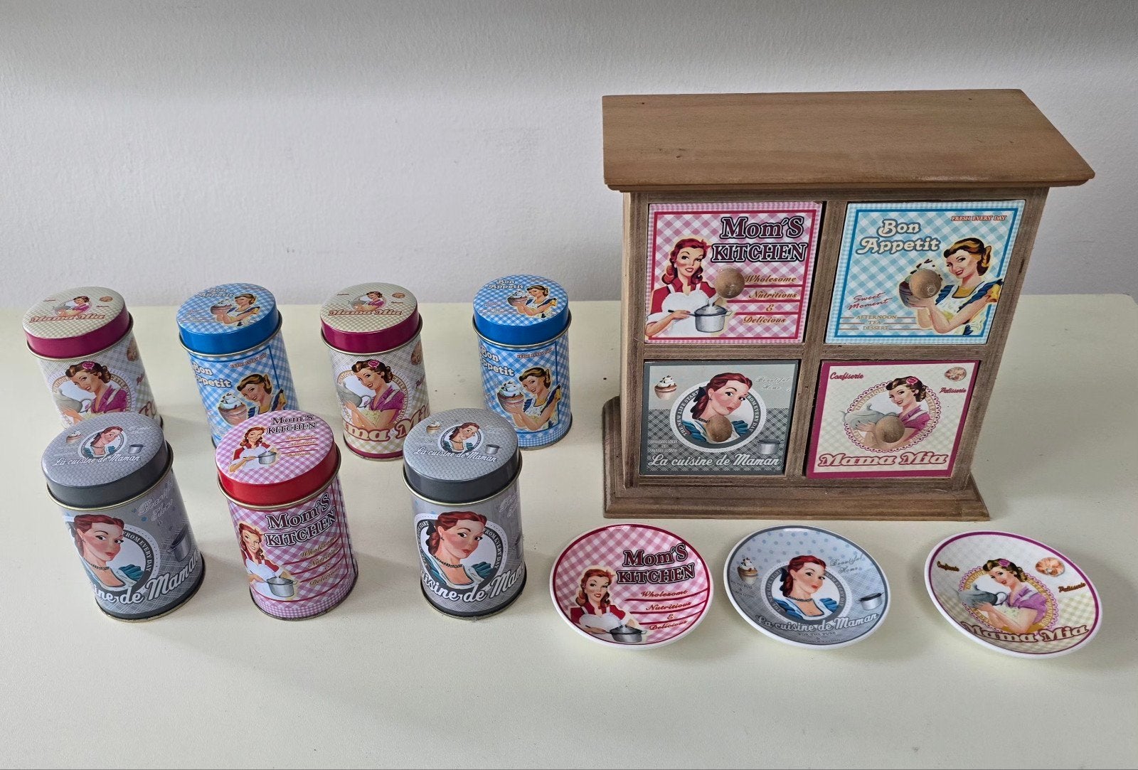 Vintage Keuken Set Voorraadpotten Dienbladen Houten Kastje, Gebruikt, Ophalen of Verzenden, Voorraadpot, Metaal