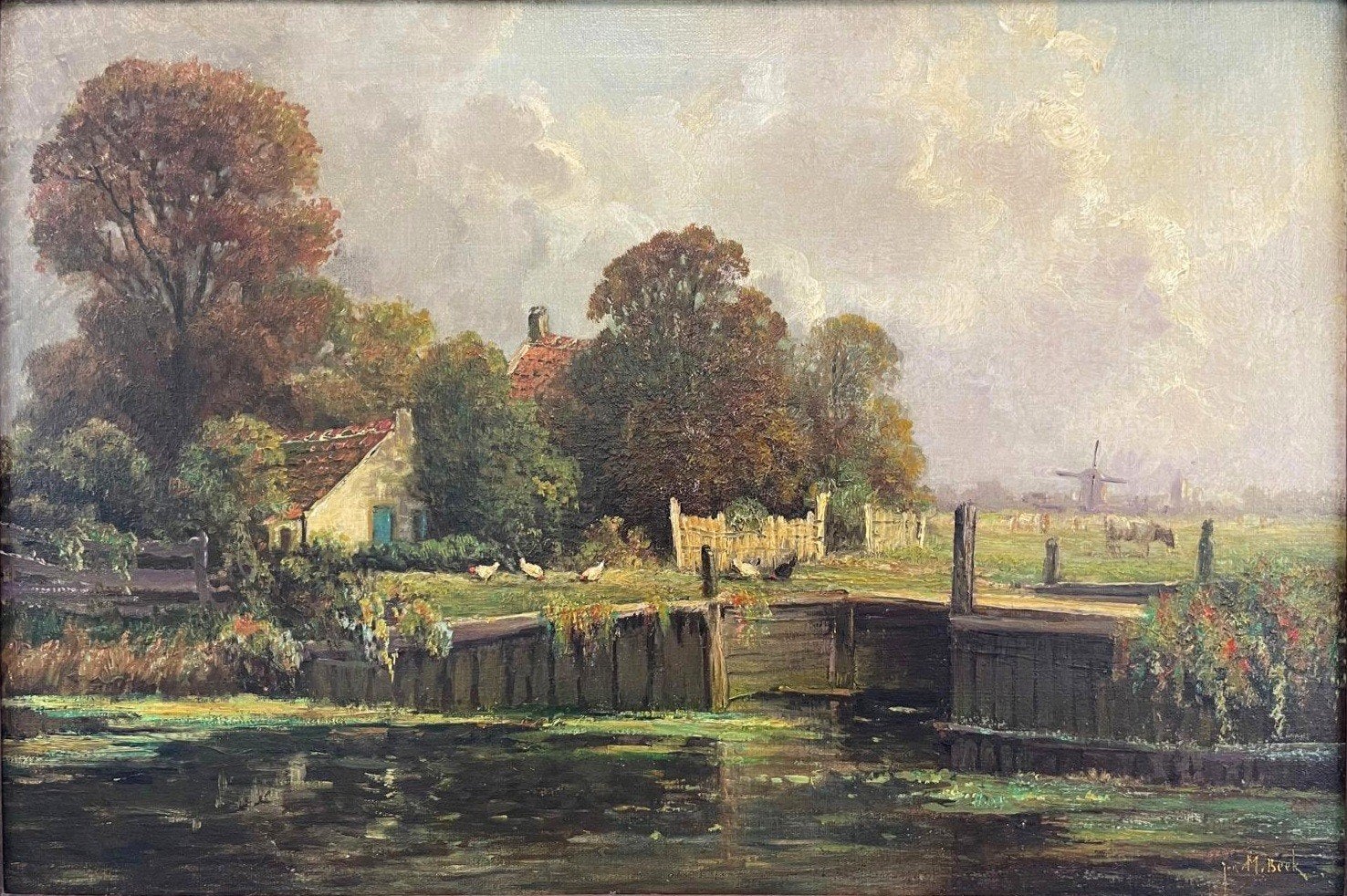 ANTIEK OLIEVERFSCHILDERIJ Jurrien Marinus Beek. Landschap, Doek, Ophalen of Verzenden, Landschap, Olieverf