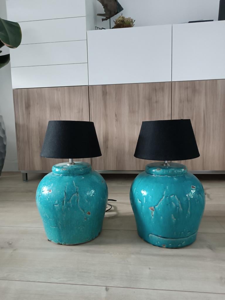 Twee grote tafellampen, schemerlamp, kruiklamp, samen €30, Ophalen, Minder dan 50 cm