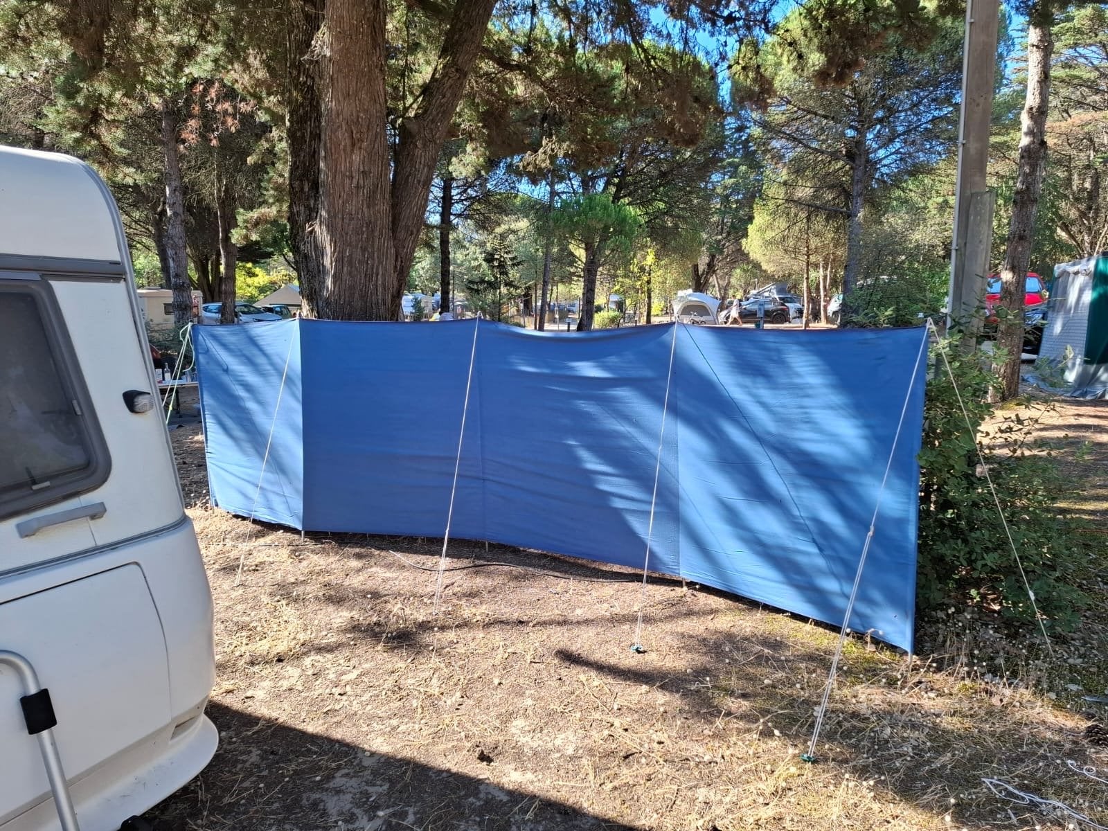 Vintage Blauw katoenen windscherm, Caravans en Kamperen, Ophalen, Gebruikt