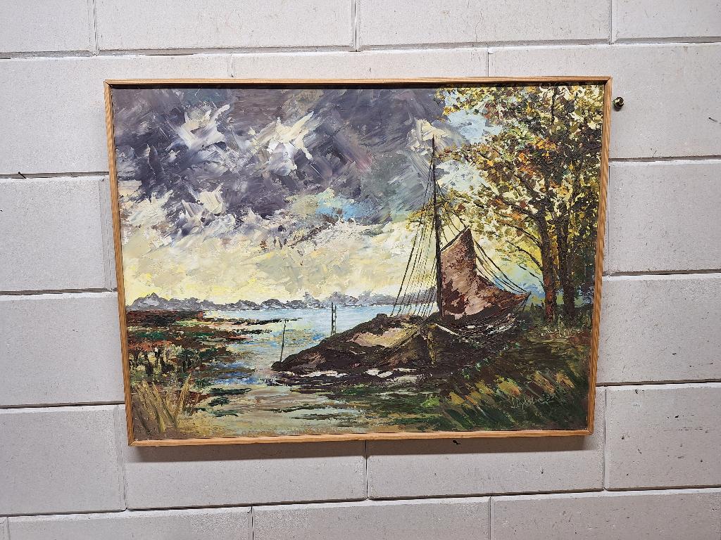 Waterlandschap met aangemeerde Botter J Dykstra, Antiek en Kunst, Kunst | Schilderijen | Klassiek, Ophalen of Verzenden